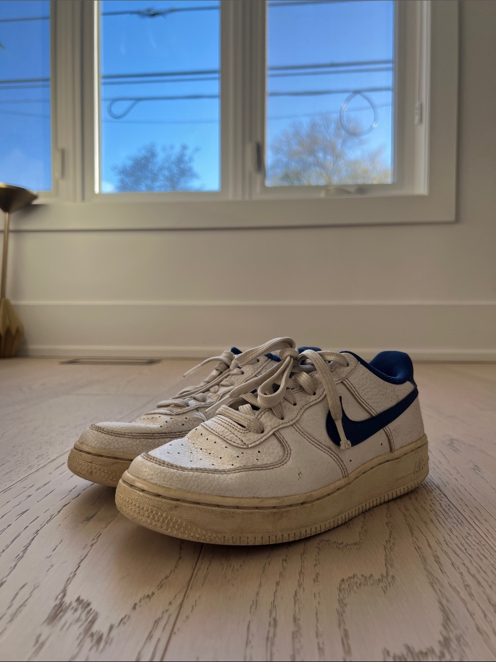 Nike Cream Leather Low-Top Sneakers with Navy Swoosh